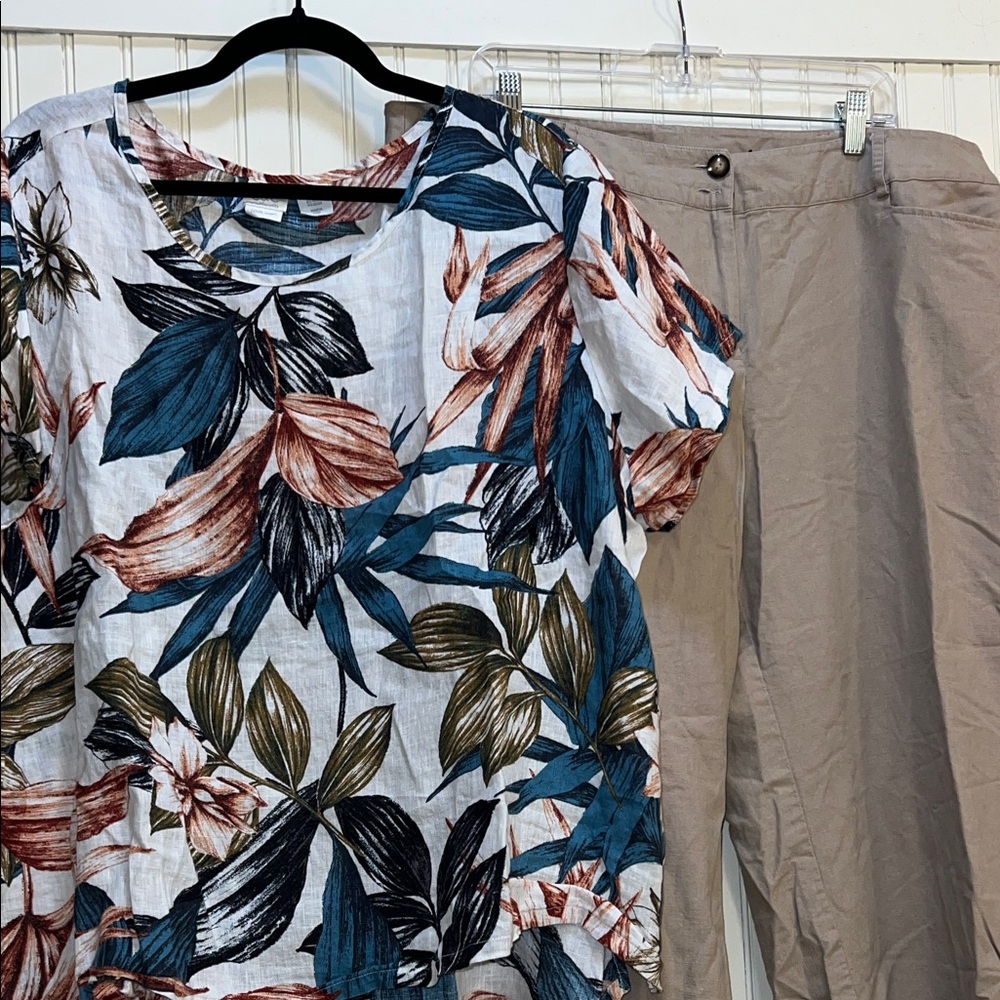 Floral Print Top and Tan Straight Leg Pants